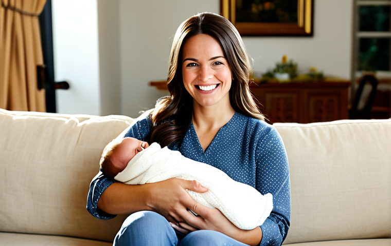 **

A new mother, fully clothed in comfortable, modest clothing, holding her newborn baby. She is smiling gently.  In the background, a warm and inviting living room setting with natural light. The image should convey a sense of peace and calm. safe for work, appropriate content, family-friendly, perfect anatomy, correct proportions, natural pose, professional photography, high quality.

**