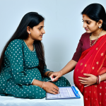 **

"A pregnant woman in her second trimester, fully clothed in a traditional Indian salwar kameez, consulting with a female doctor in a well-lit clinic. The doctor is explaining the glucose tolerance test procedure using a chart in Hindi. Safe for work, appropriate content, fully clothed, professional, family-friendly, perfect anatomy, natural pose, medical accuracy, clean background."

**