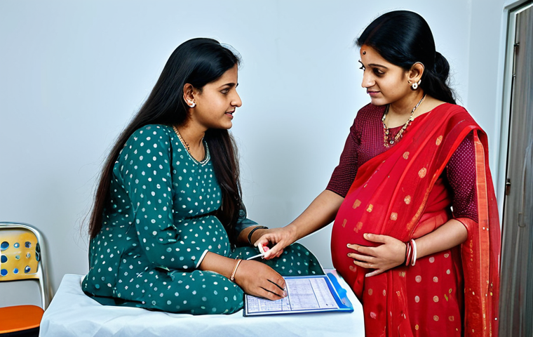 **

"A pregnant woman in her second trimester, fully clothed in a traditional Indian salwar kameez, consulting with a female doctor in a well-lit clinic. The doctor is explaining the glucose tolerance test procedure using a chart in Hindi. Safe for work, appropriate content, fully clothed, professional, family-friendly, perfect anatomy, natural pose, medical accuracy, clean background."

**