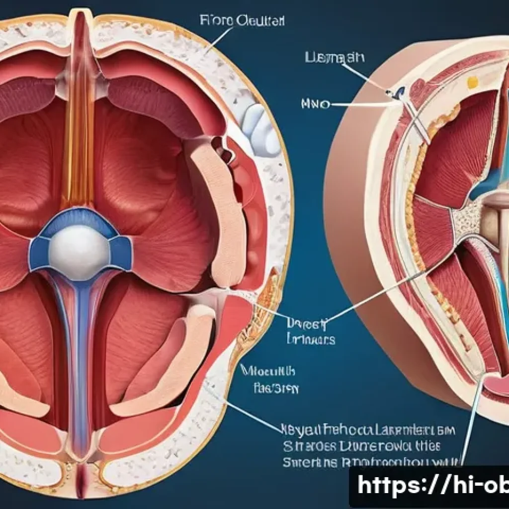 자궁근종과 자궁선근증의 차이 - A detailed medical illustration showing a cross-sectional view of the female uterus highlighting fib...