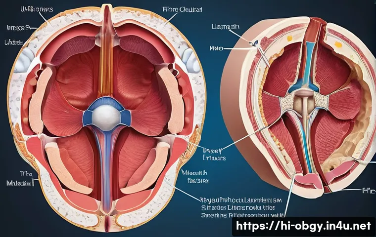자궁근종과 자궁선근증의 차이 - A detailed medical illustration showing a cross-sectional view of the female uterus highlighting fib...