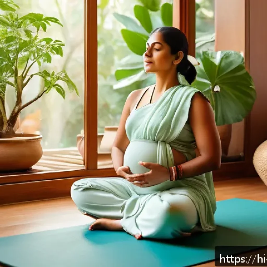 임신 중 변비 해결 방법 - A serene and warm illustration of a pregnant Indian woman in comfortable traditional attire, sitting...