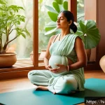 Home 16 임신 중 변비 해결 방법 - A serene and warm illustration of a pregnant Indian woman in comfortable traditional attire, sitting...