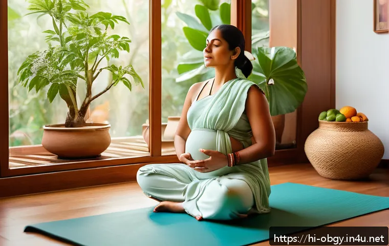 임신 중 변비 해결 방법 - A serene and warm illustration of a pregnant Indian woman in comfortable traditional attire, sitting...