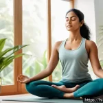 Home 21 다낭성 난소 증후군 PCOS 원인과 치료법 - A detailed and serene illustration of an Indian woman practicing yoga and meditation in a peaceful h...