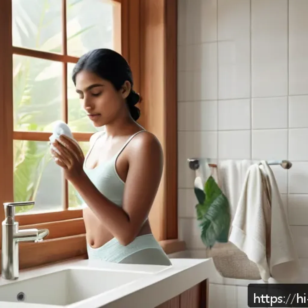 질염 예방을 위한 생활습관과 제품 추천 - A serene bathroom scene featuring a young Indian woman with medium skin tone, wearing comfortable co...