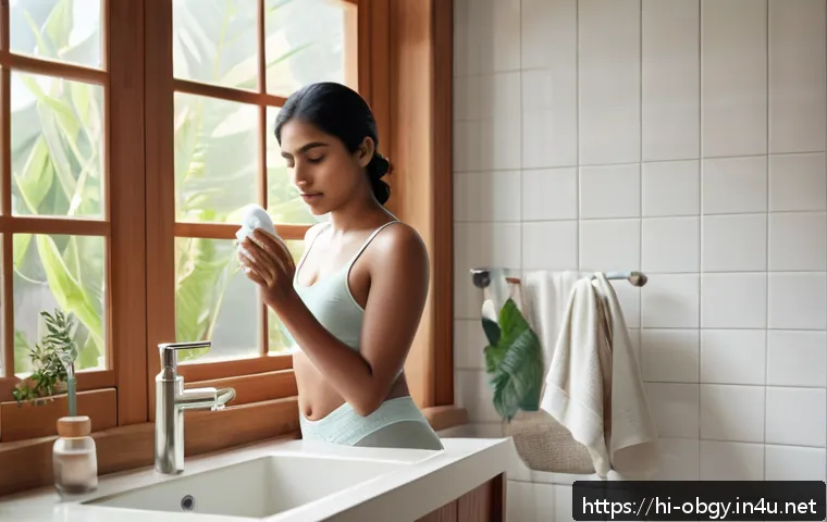 질염 예방을 위한 생활습관과 제품 추천 - A serene bathroom scene featuring a young Indian woman with medium skin tone, wearing comfortable co...