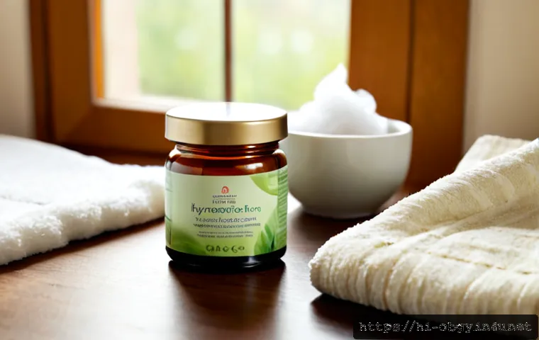 출산 후 회음부 관리용 크림 추천 - Photorealistic postpartum care product scene, unbranded soothing cream tube and small jar arranged o...