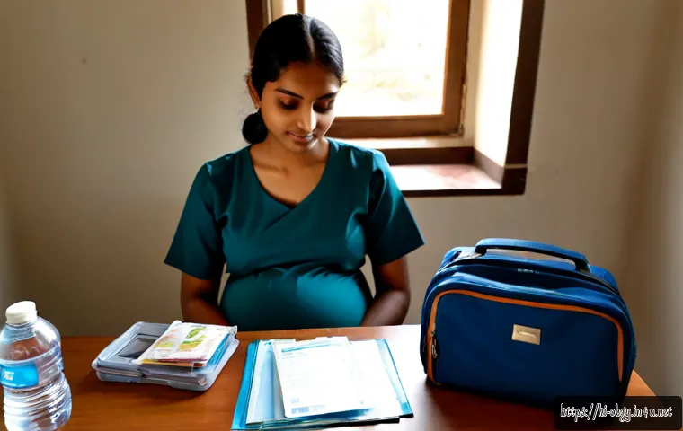 임신 중 산부인과 진료 준비물 - Photorealistic Indian pregnant woman in modest maternity clothing sitting at a tidy home desk, calml...